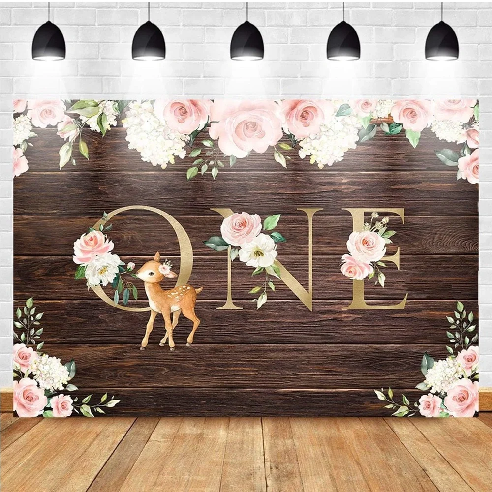 Deer 1st Birthday Backdrop, 4 x 6,Rustic Wood Floral Girls First Birthday